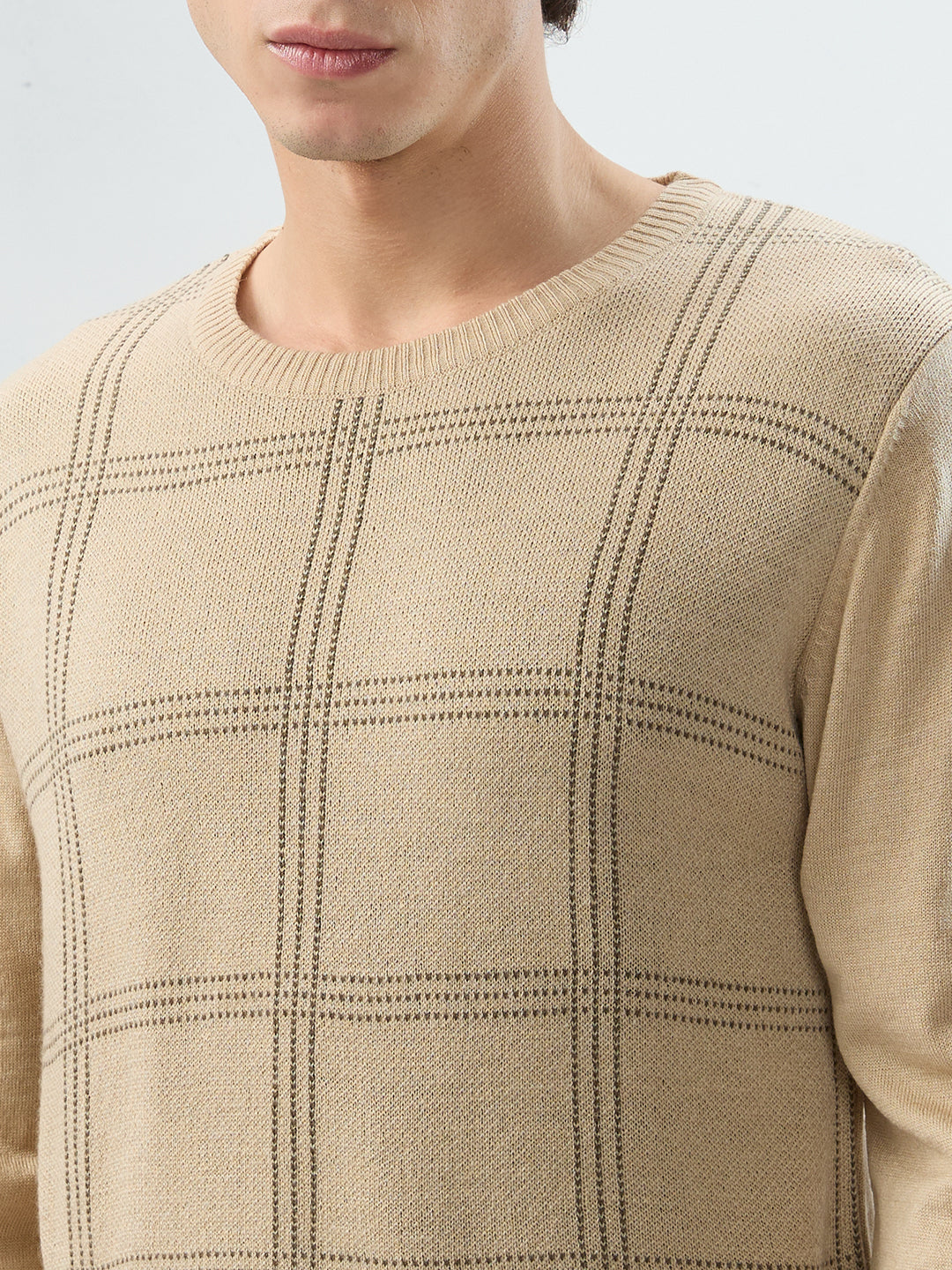 Raymond Men Brown Checks Round Neck Collar Sweatshirt