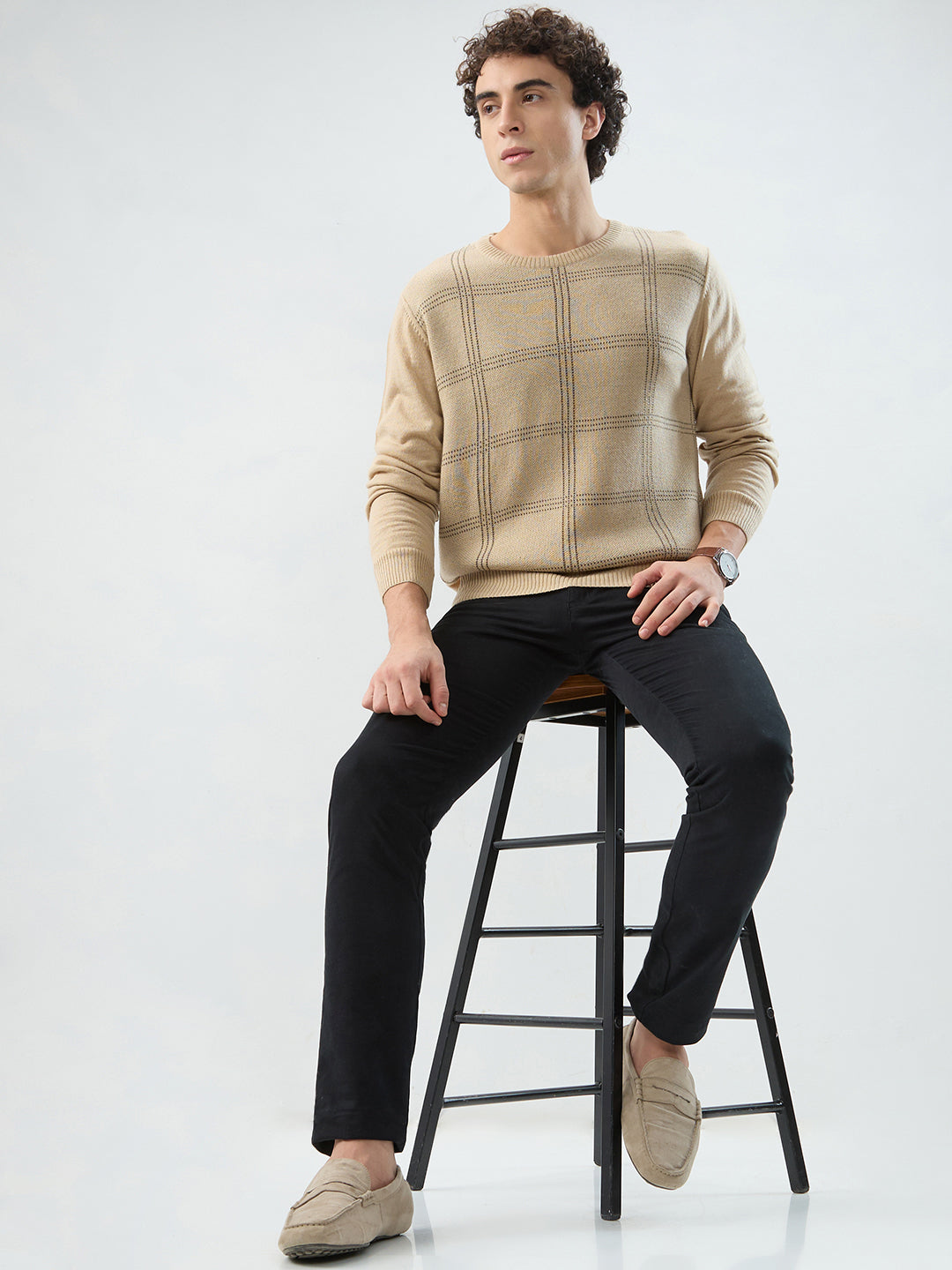 Raymond Men Brown Checks Round Neck Collar Sweatshirt