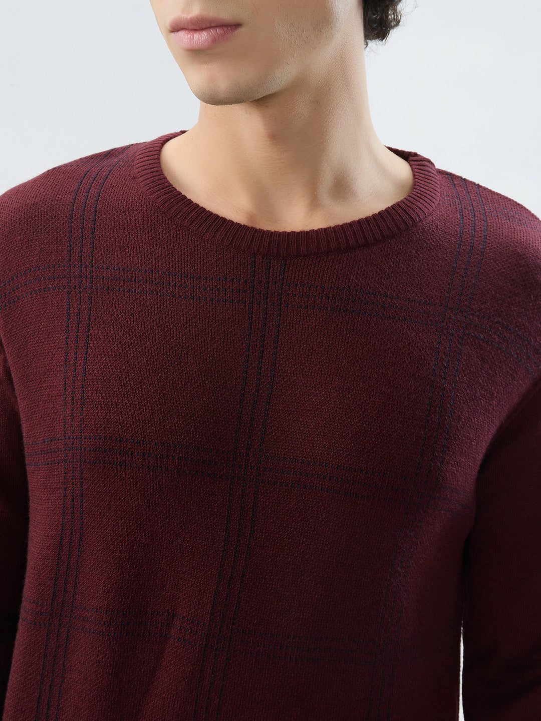 Raymond Men Maroon Checks Round Neck Collar Sweatshirt
