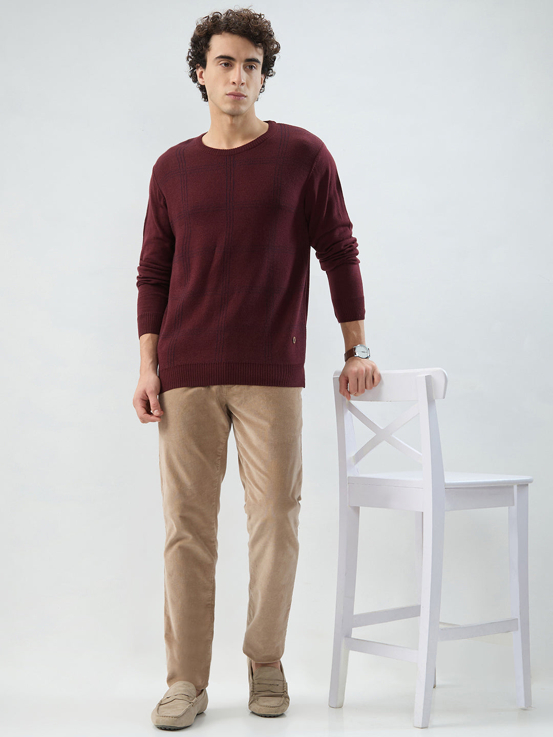 Raymond Men Maroon Checks Round Neck Collar Sweatshirt