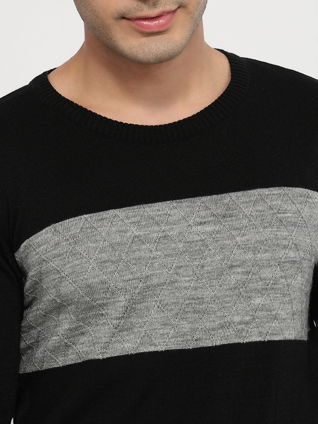 Raymond Men Black Stripe Round Neck Collar Sweatshirt