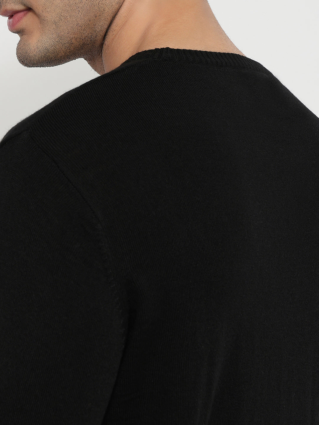 Raymond Men Black Stripe Round Neck Collar Sweatshirt