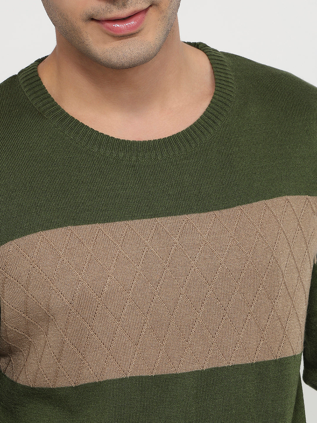 Raymond Men Green Stripe Round Neck Collar Sweatshirt