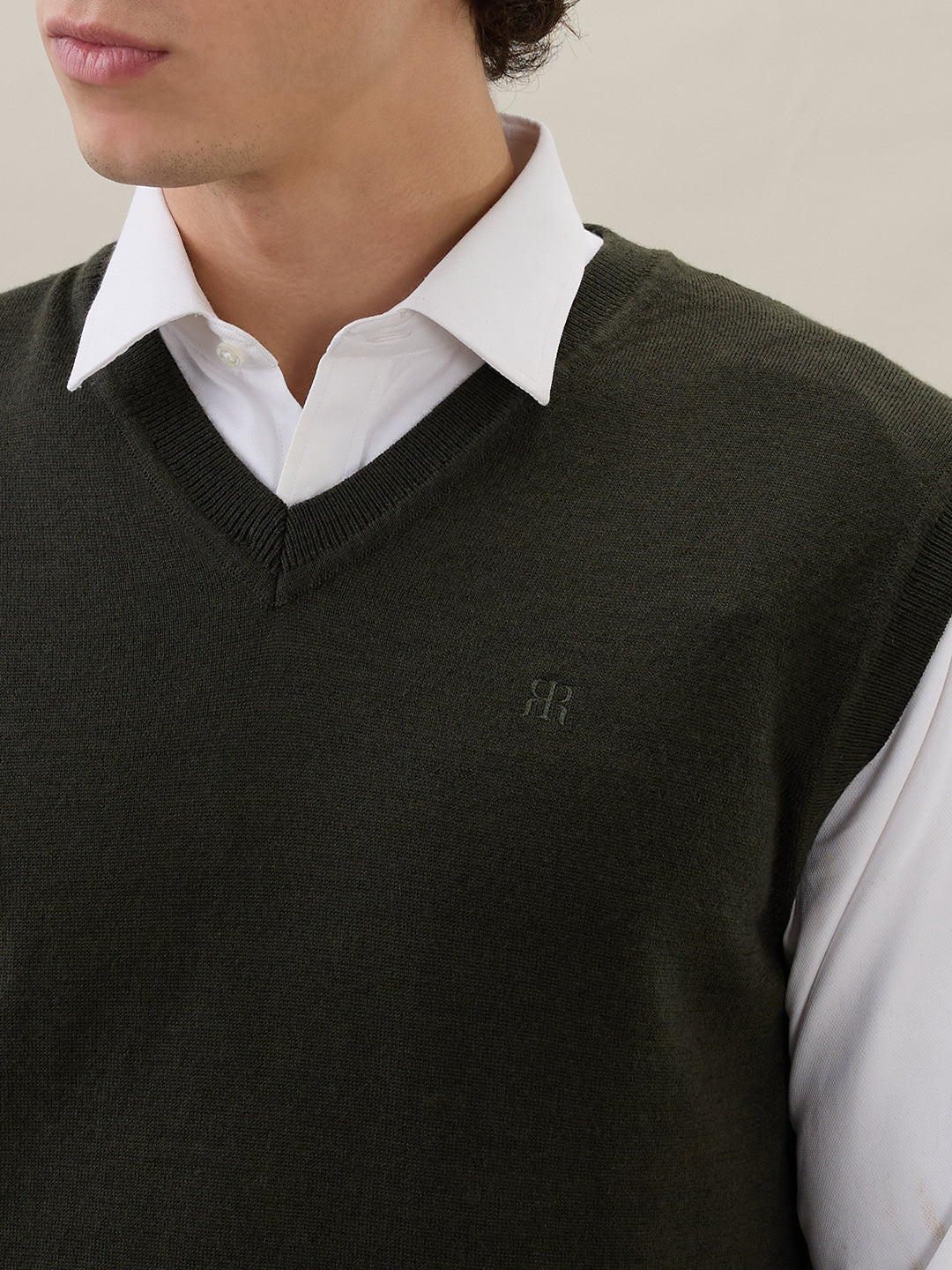 Raymond Men Green Solid V Neck Collar Sweatshirt