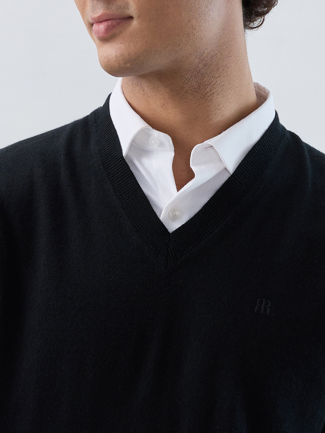 Raymond Men Black Solid V Neck Collar Sweatshirt