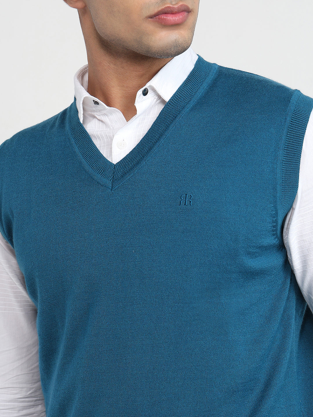 Raymond Men Blue Solid V Neck Collar Sweatshirt