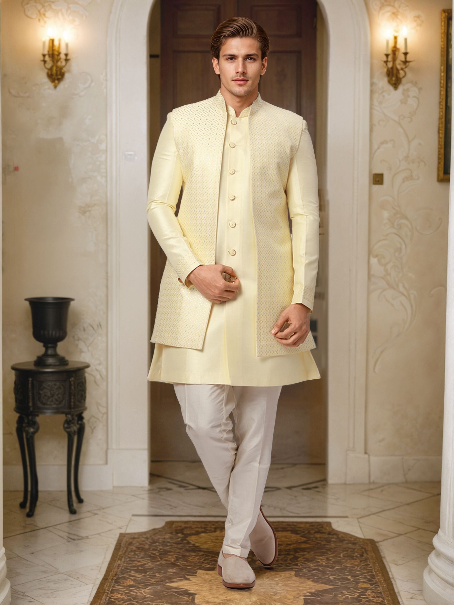 Ethnix by Raymond Men Yellow Embroidery Regular fit Viscose Blend