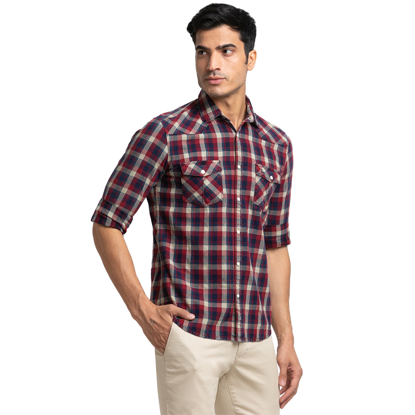 Men Red Slim Fit Checks Cotton Blend Full Sleeve Shirts