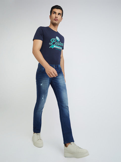 Men Slim Tapered Fit Blue Jeans