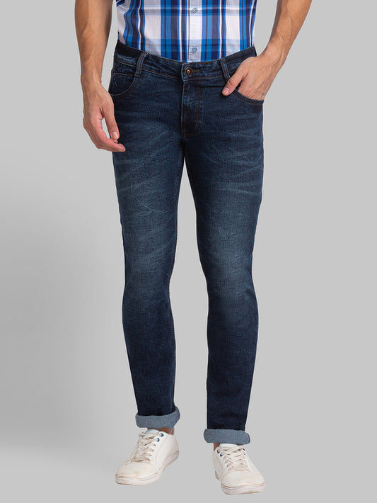 Parx Blue Plain Slim Tapered Fit Cotton Blend Jeans