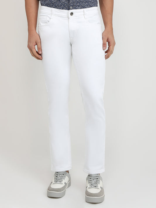 Parx Men White Knitted Low Rise Tapered Fit Cotton Blend Jeans