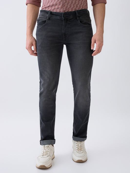 Parx Men Black Knitted Low Rise Tapered Fit Cotton Blend Jeans