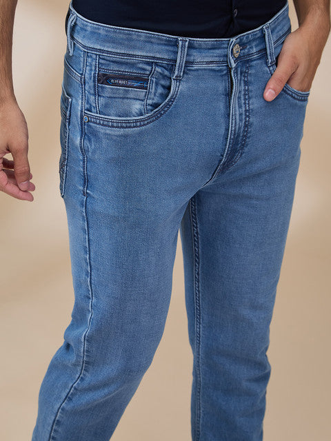 Parx Men Blue Knitted Mid Rise Straight Fit Cotton Blend Jeans