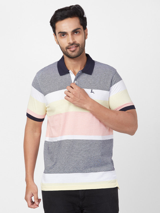 Parx Men Blue Yarn Dyed Regular Fit Half Sleeve Polo Neck T-Shirt