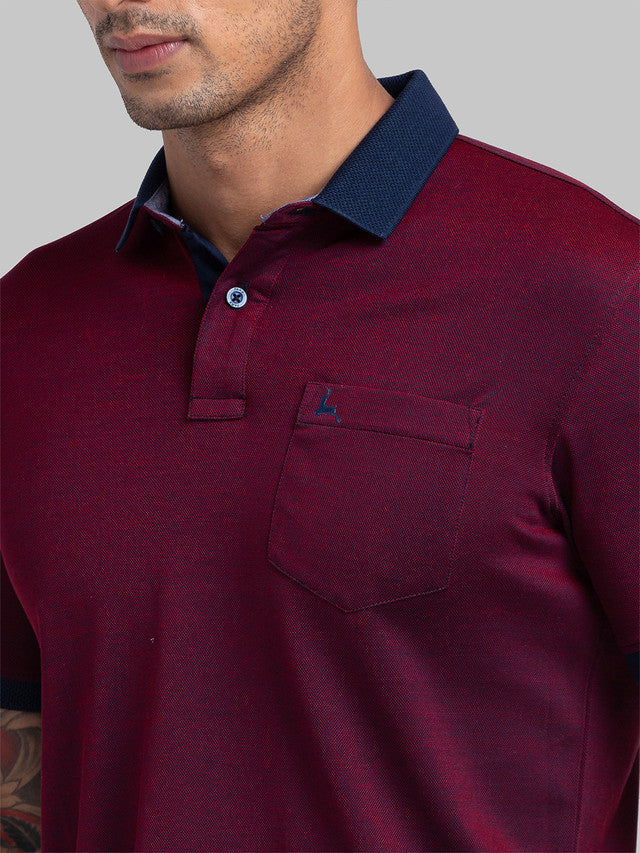 Parx Men Maroon Woven Design Regular Fit Half Sleeve Polo Neck T-Shirt