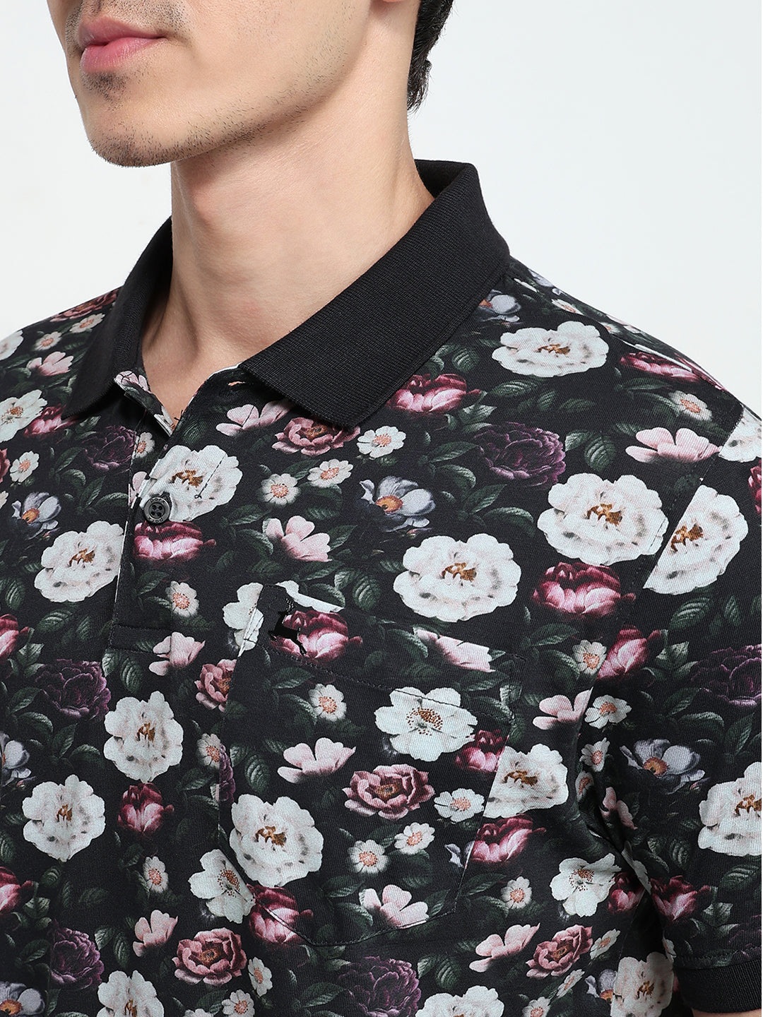 Parx Men Black Regular Fit Print Polo Neck Collar T-shirt