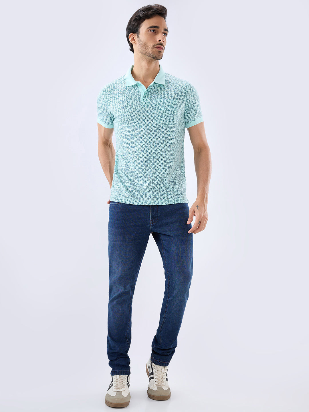 Parx Men Green Regular Fit Print Polo Neck Collar T-shirt
