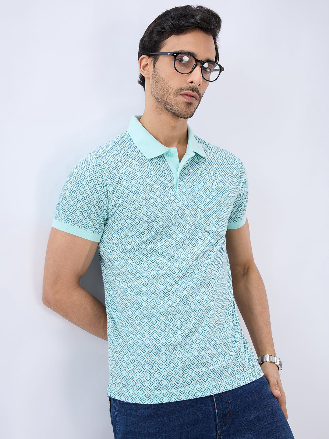 Parx Men Green Regular Fit Print Polo Neck Collar T-shirt