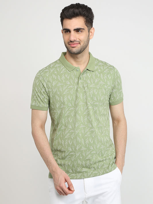 Parx Men Green Regular Fit Printed Polo Neck Collar T-Shirt