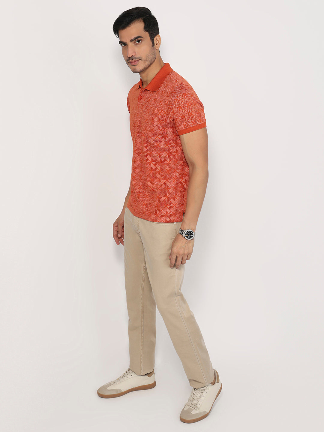Parx Men Orange Regular Fit Print Polo Neck Collar T-shirt