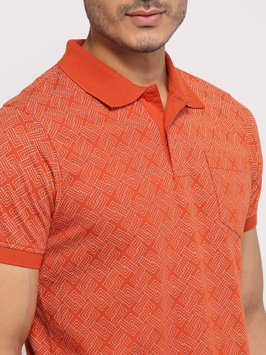 Parx Men Orange Regular Fit Print Polo Neck Collar T-shirt