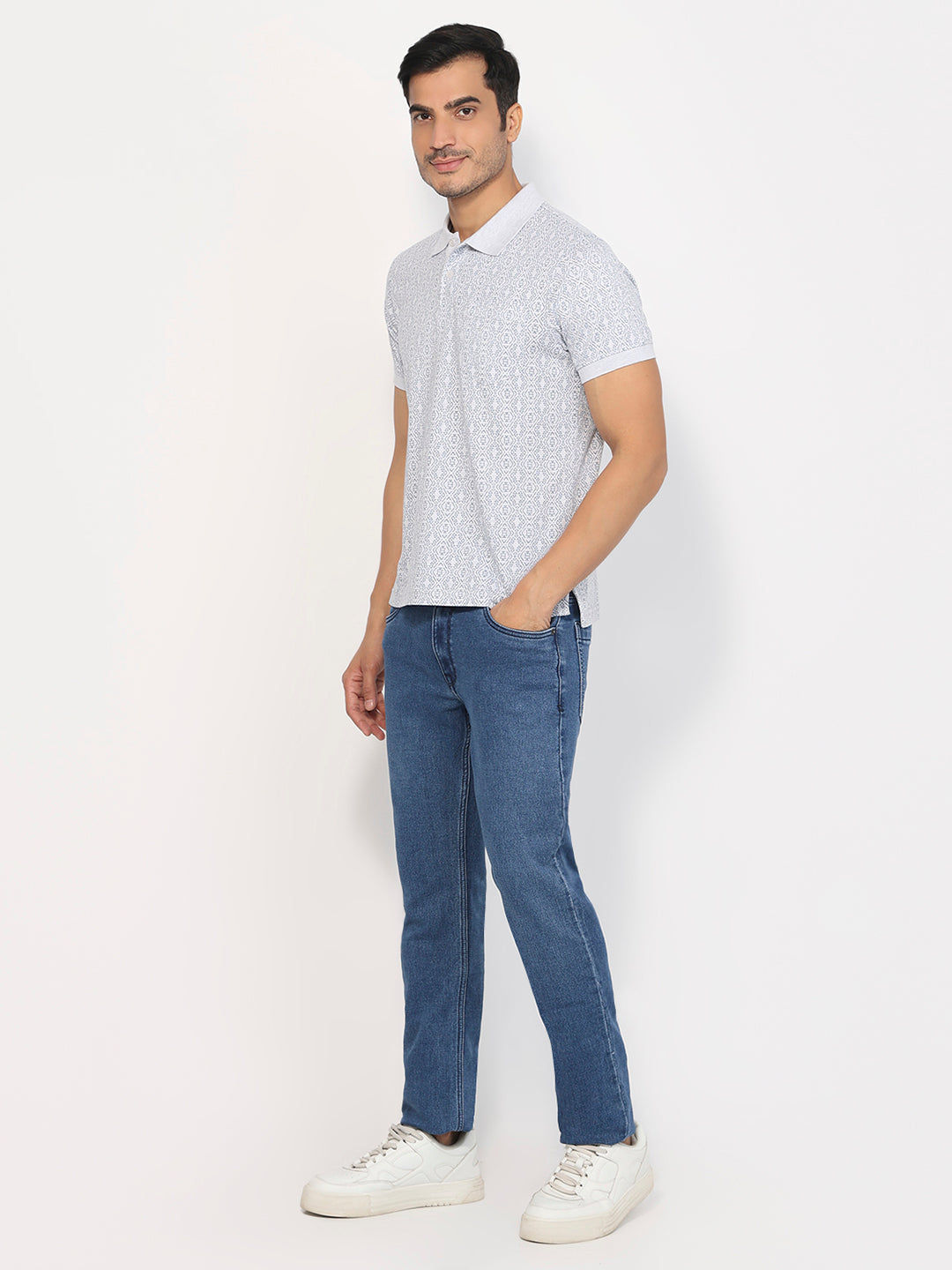 Parx Men Grey Regular Fit Print Polo Neck Collar T-shirt