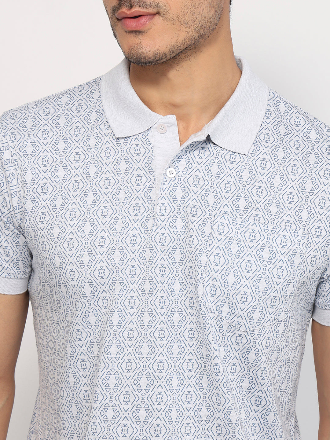 Parx Men Grey Regular Fit Print Polo Neck Collar T-shirt