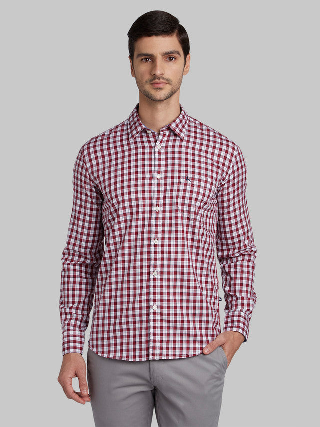 Parx Red Checks Slim Fit Cotton Casual Shirt