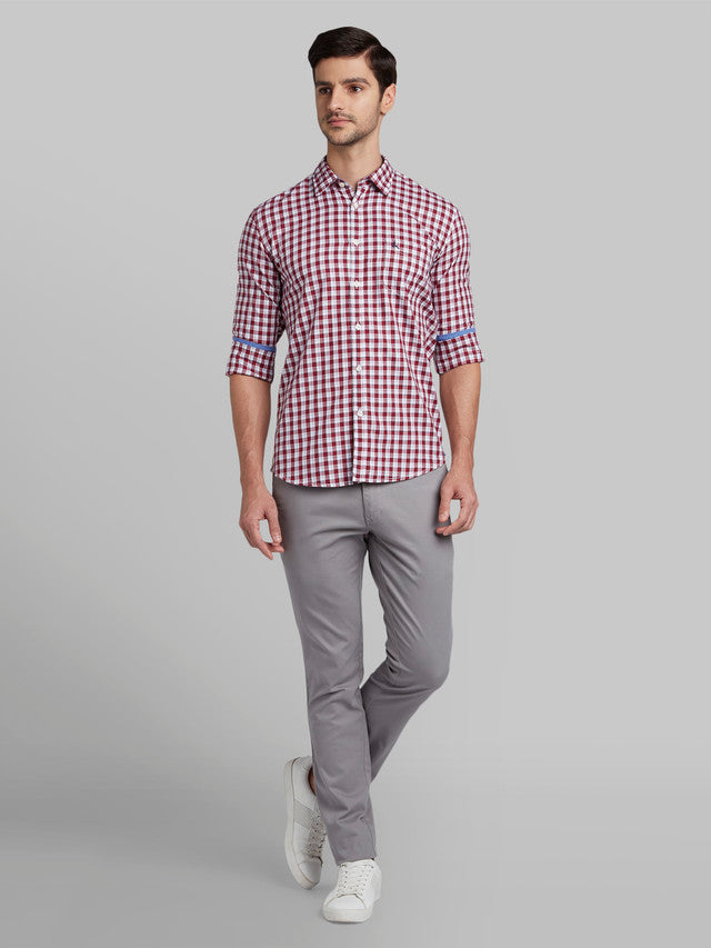 Parx Red Checks Slim Fit Cotton Casual Shirt