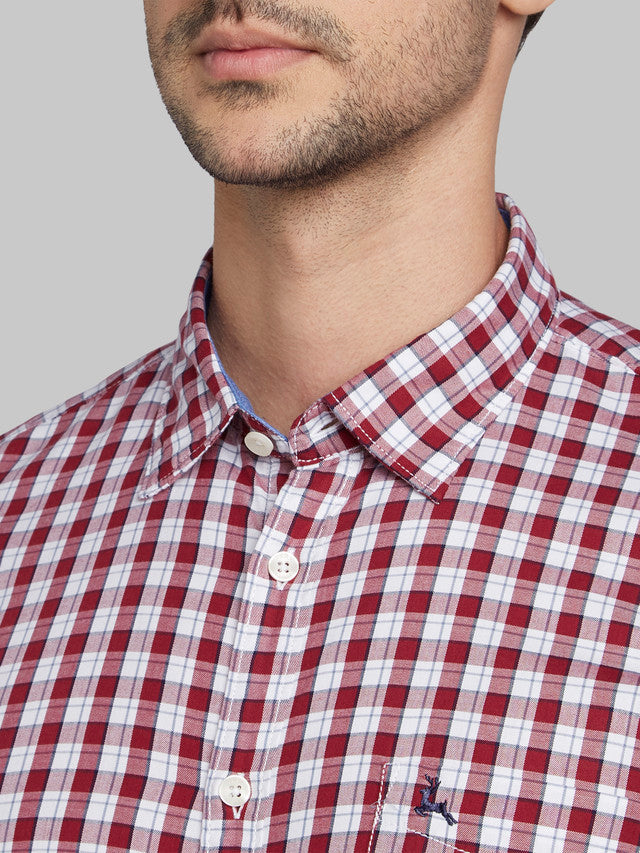 Parx Red Checks Slim Fit Cotton Casual Shirt