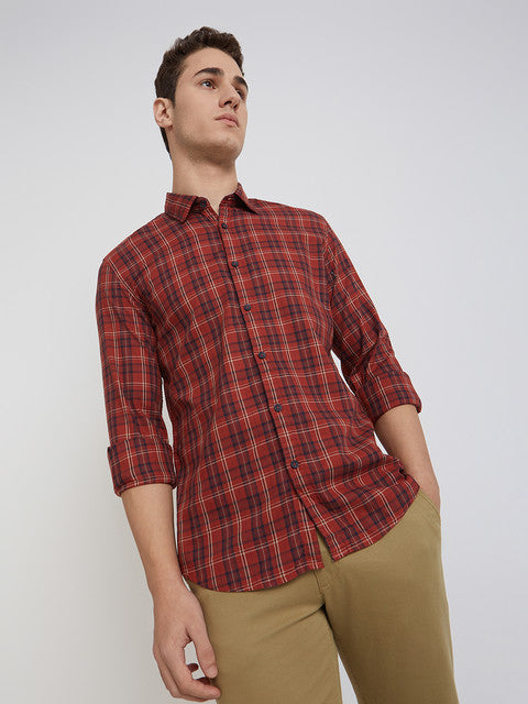 Men Red Slim Fit Checks Cotton Full Sleeve Shirts