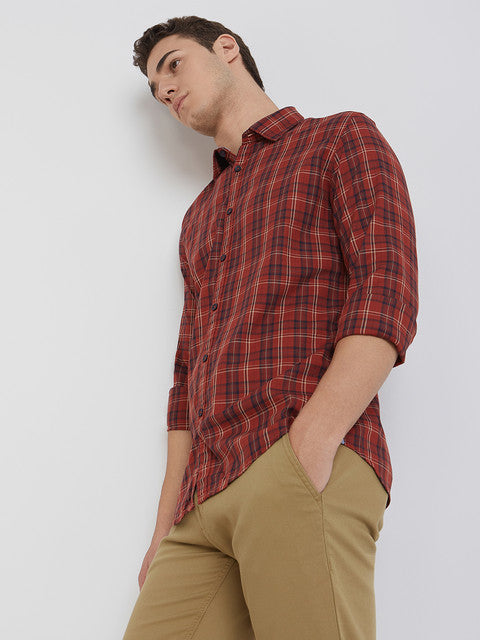 Men Red Slim Fit Checks Cotton Full Sleeve Shirts