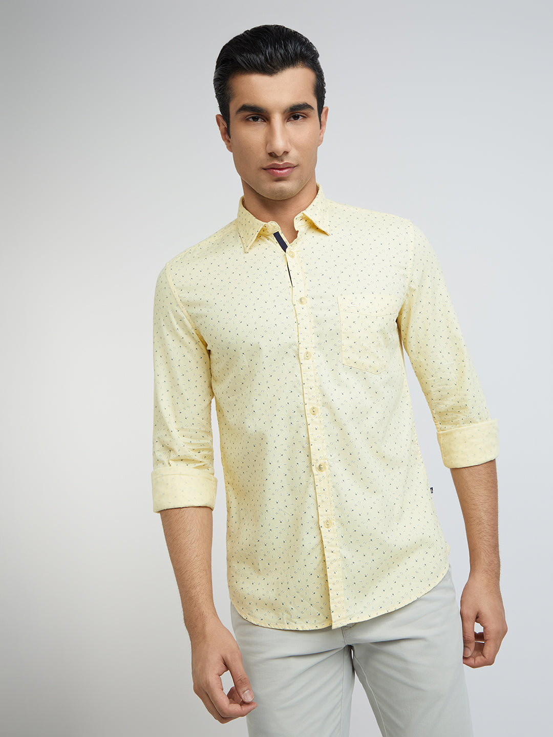 Men Yellow Slim Fit Print Cotton Full Sleeve Shirts