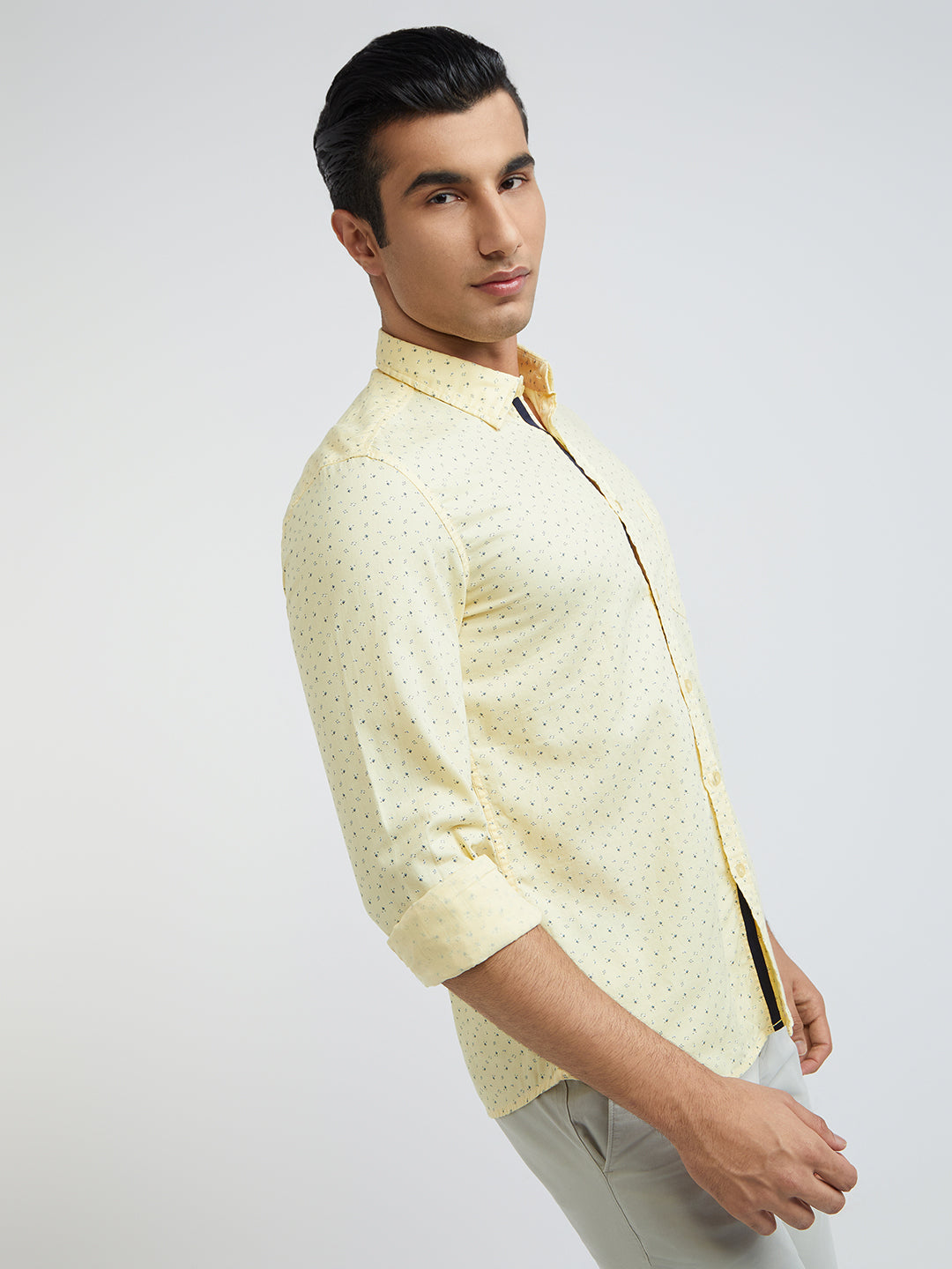 Men Yellow Slim Fit Print Cotton Full Sleeve Shirts