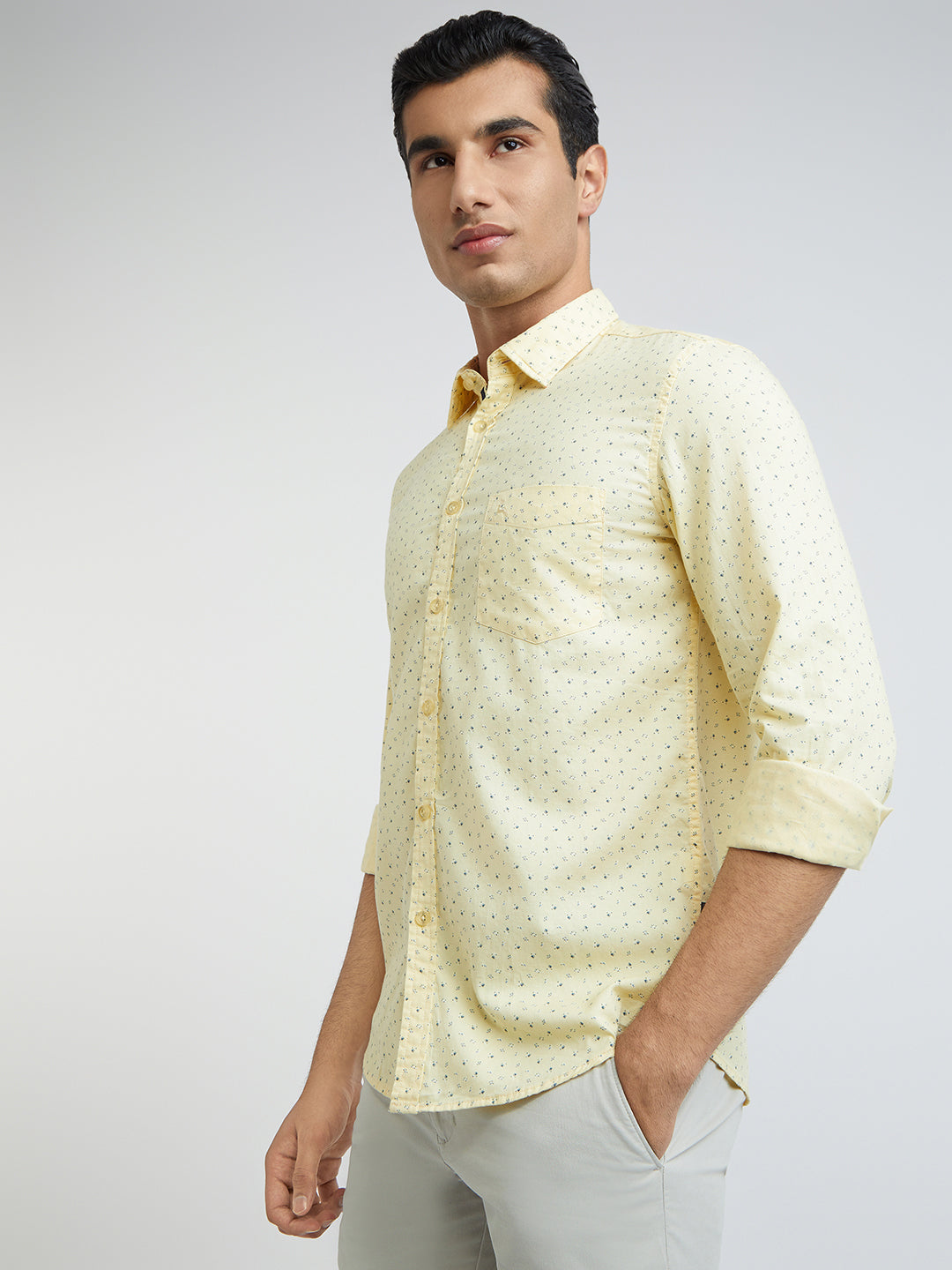 Men Yellow Slim Fit Print Cotton Full Sleeve Shirts