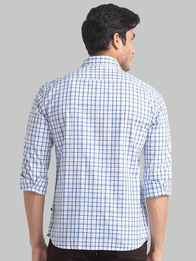 Parx Men Blue Checkered Slim Fit Full Sleeve Semi Cut Away Collar Shirt