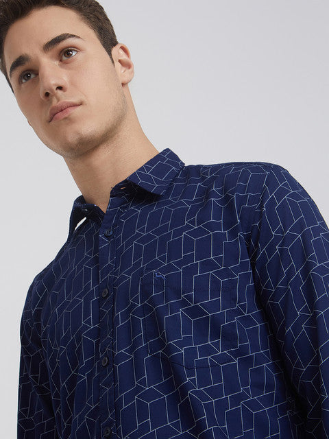 Men Blue Slim Fit Print Bamboo Microfiber Blend Full Sleeve Shirts