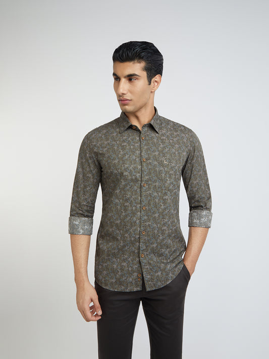 Men Green Slim Fit Print Cotton Full Sleeve Shirts