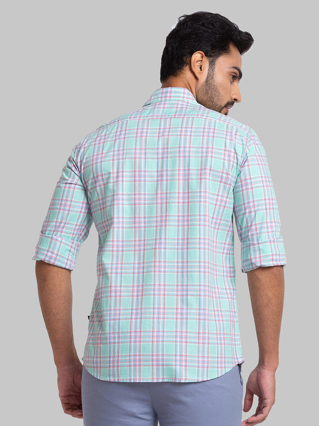 Parx Men Blue Checkered Slim Fit Full Sleeve Shirt Collar Shirt