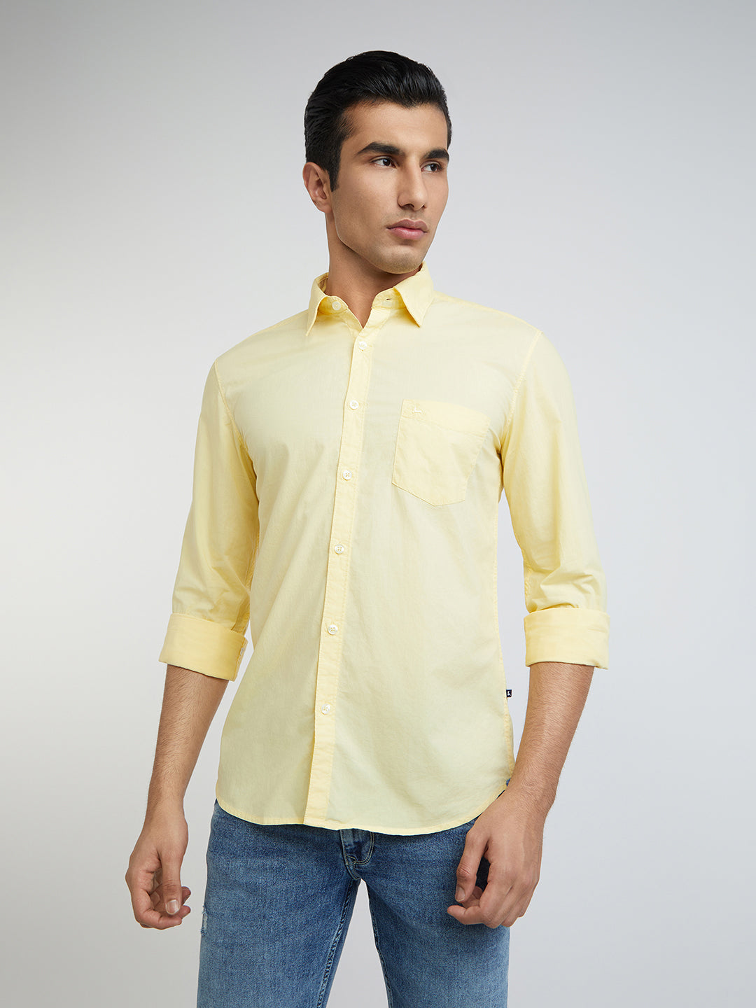 Men Yellow Slim Fit Solid Cotton Full Sleeve Shirts