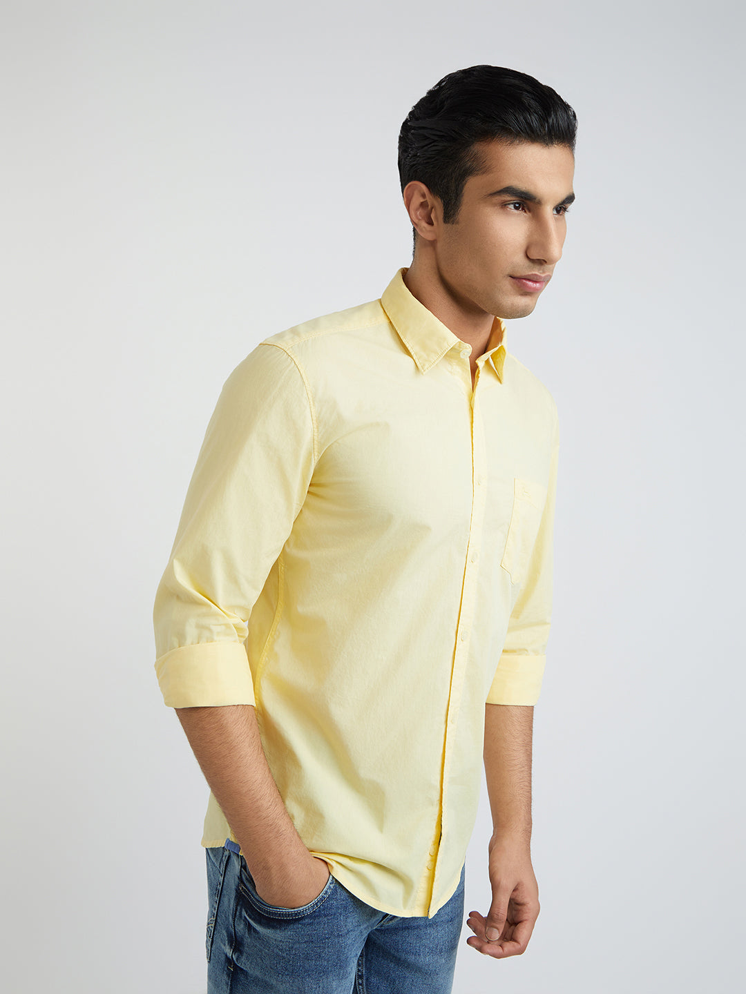 Men Yellow Slim Fit Solid Cotton Full Sleeve Shirts