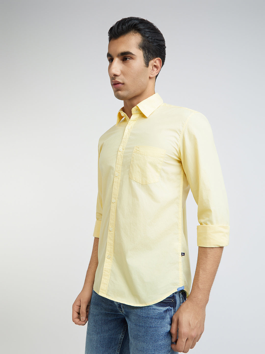 Men Yellow Slim Fit Solid Cotton Full Sleeve Shirts