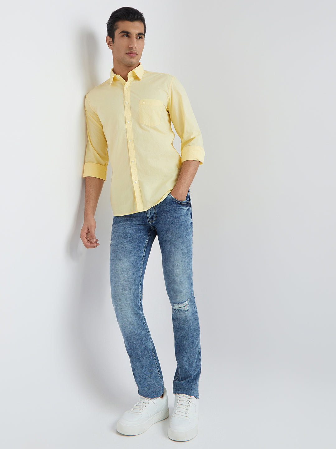 Men Yellow Slim Fit Solid Cotton Full Sleeve Shirts