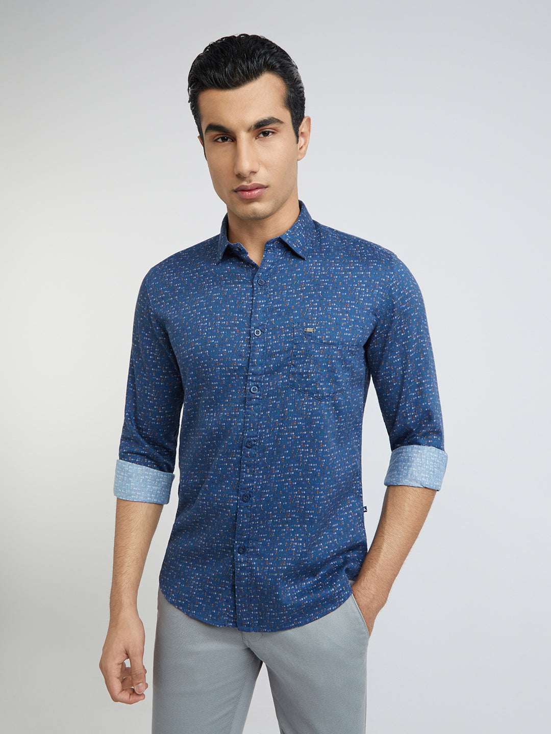 Men Blue Slim Fit Print Cotton Full Sleeve Shirts