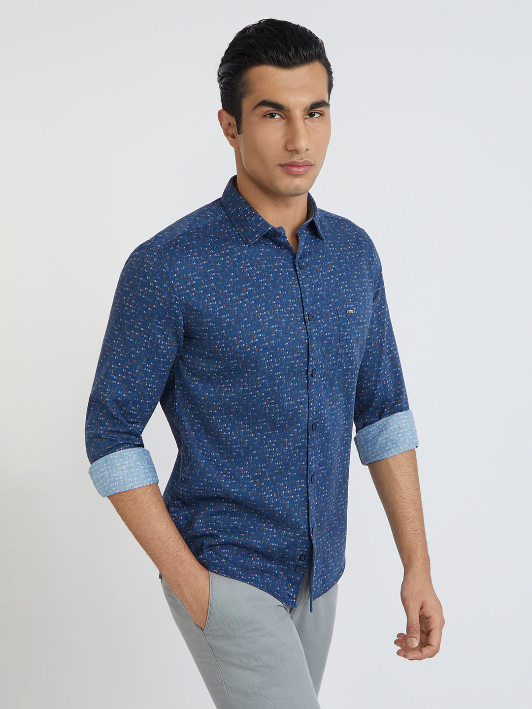 Men Blue Slim Fit Print Cotton Full Sleeve Shirts