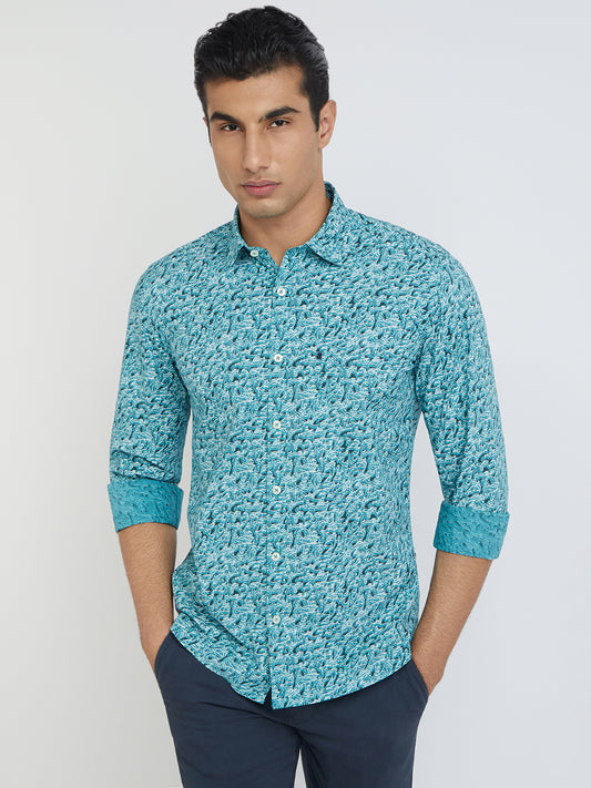 Men Blue Slim Fit Print Cotton Full Sleeve Shirts