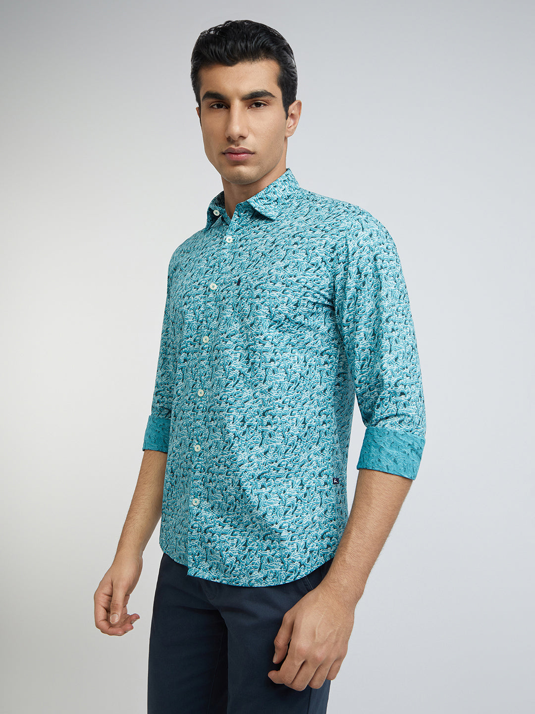 Men Blue Slim Fit Print Cotton Full Sleeve Shirts