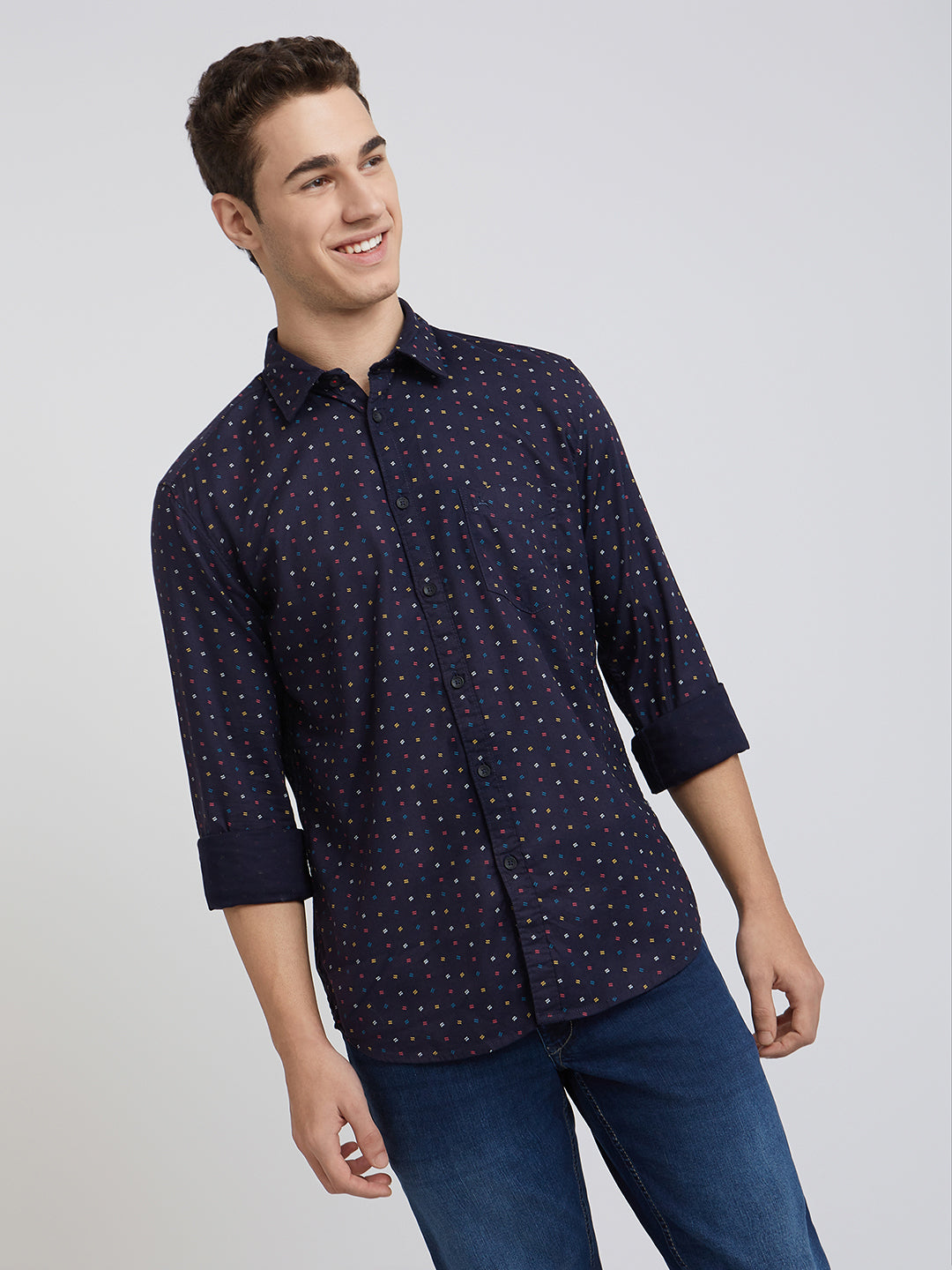 Parx Men Blue Printed Slim Fit Cotton Casual Shirt