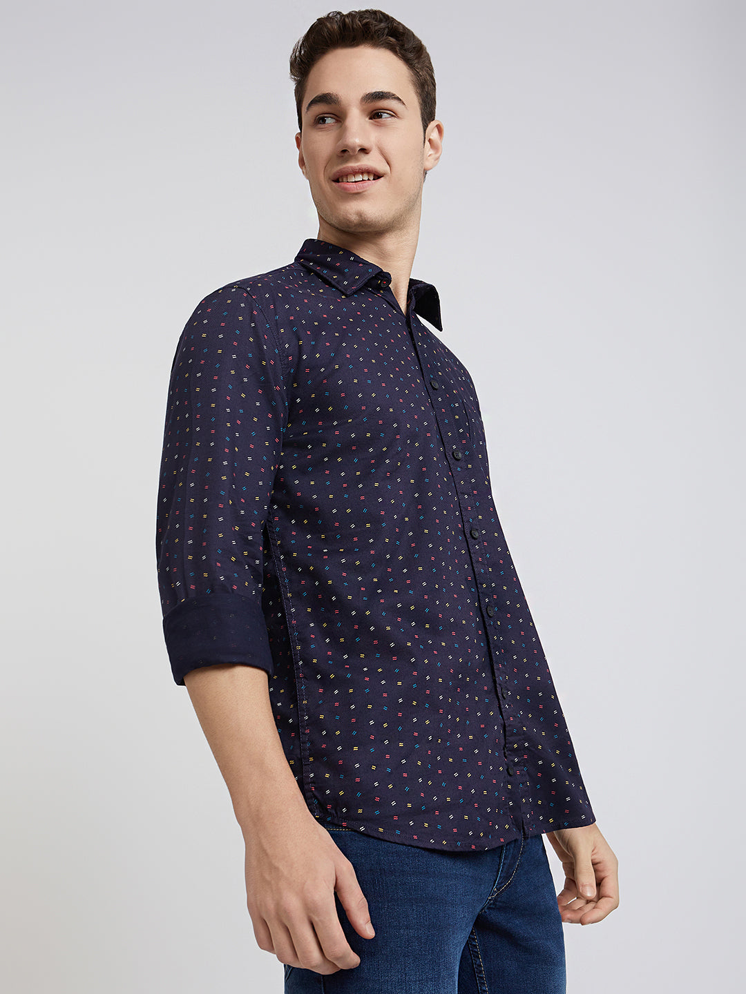 Parx Men Blue Printed Slim Fit Cotton Casual Shirt