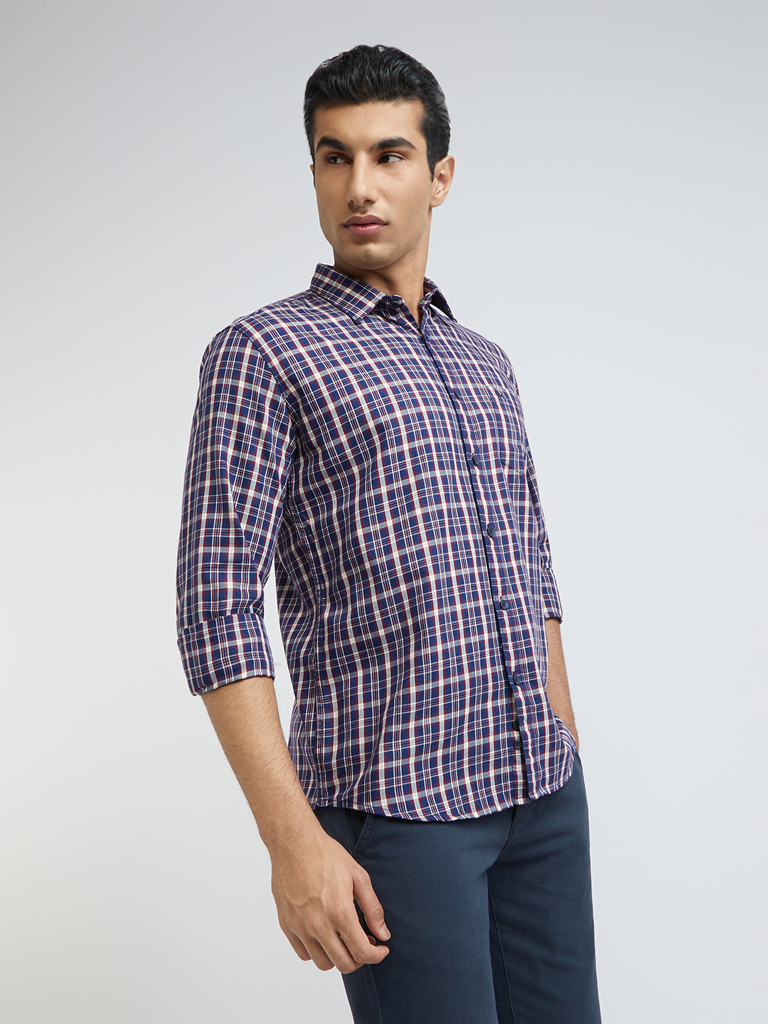 Men Blue Slim Fit Checks Cotton Full Sleeve Shirts